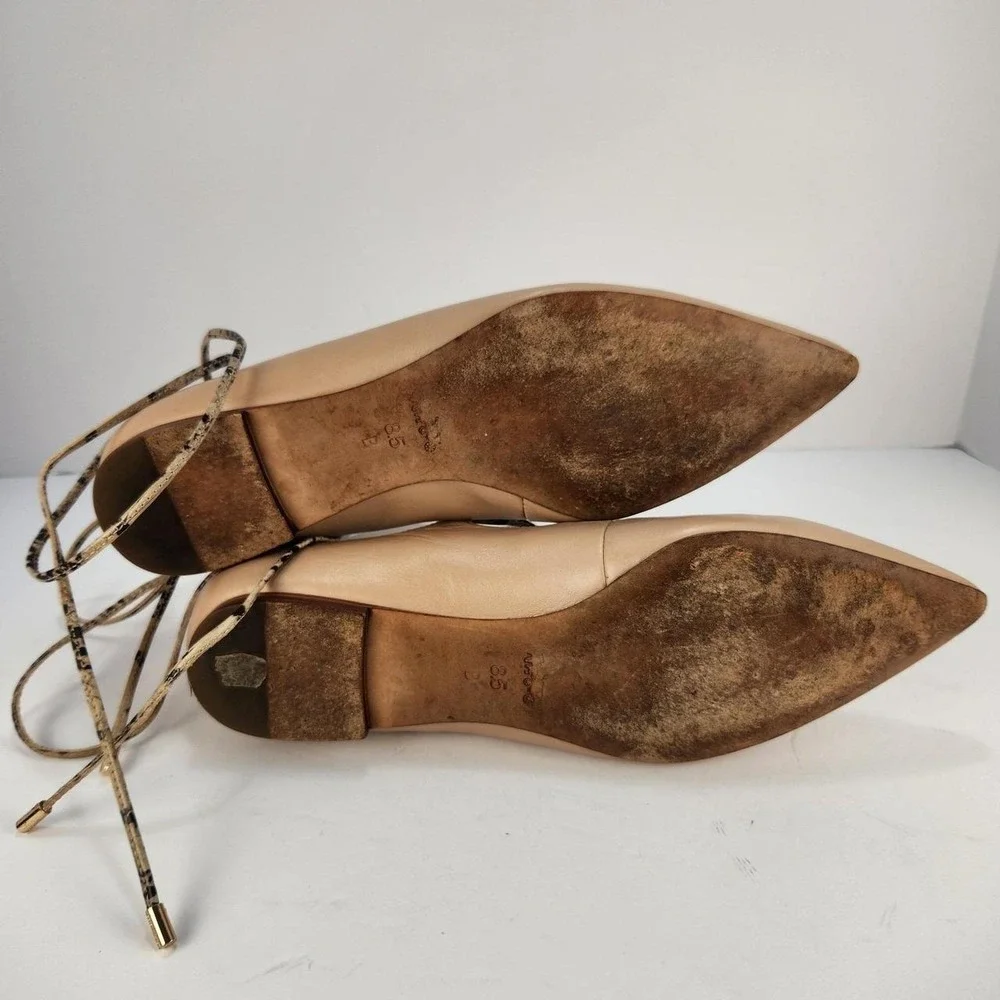 Coach Women's 8.5B Tan Leather Pointed Toe Lace-Up Ballet Flats Ankle Wrap